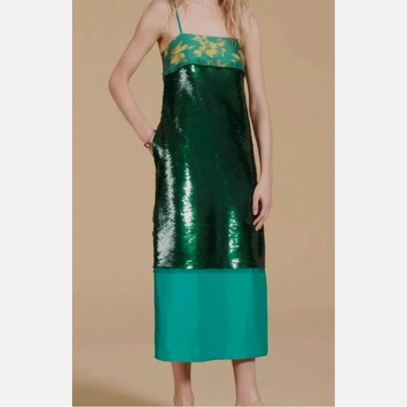 Zara Green and Gold Midi Dress NWOT - Picture 4 of 10